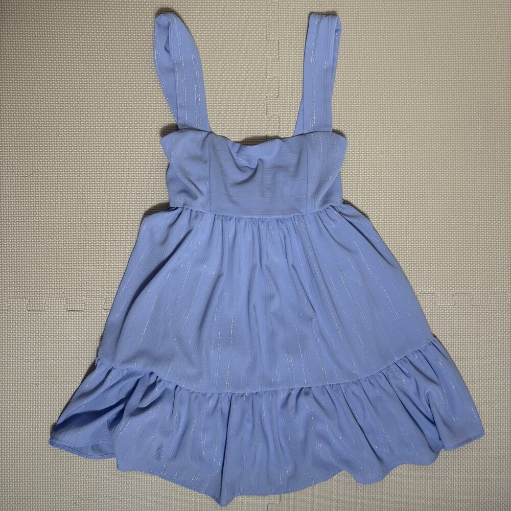 Lucy in the Sky Blue Square Neck Babydoll Mini Dress XS Empire Waist Metallic